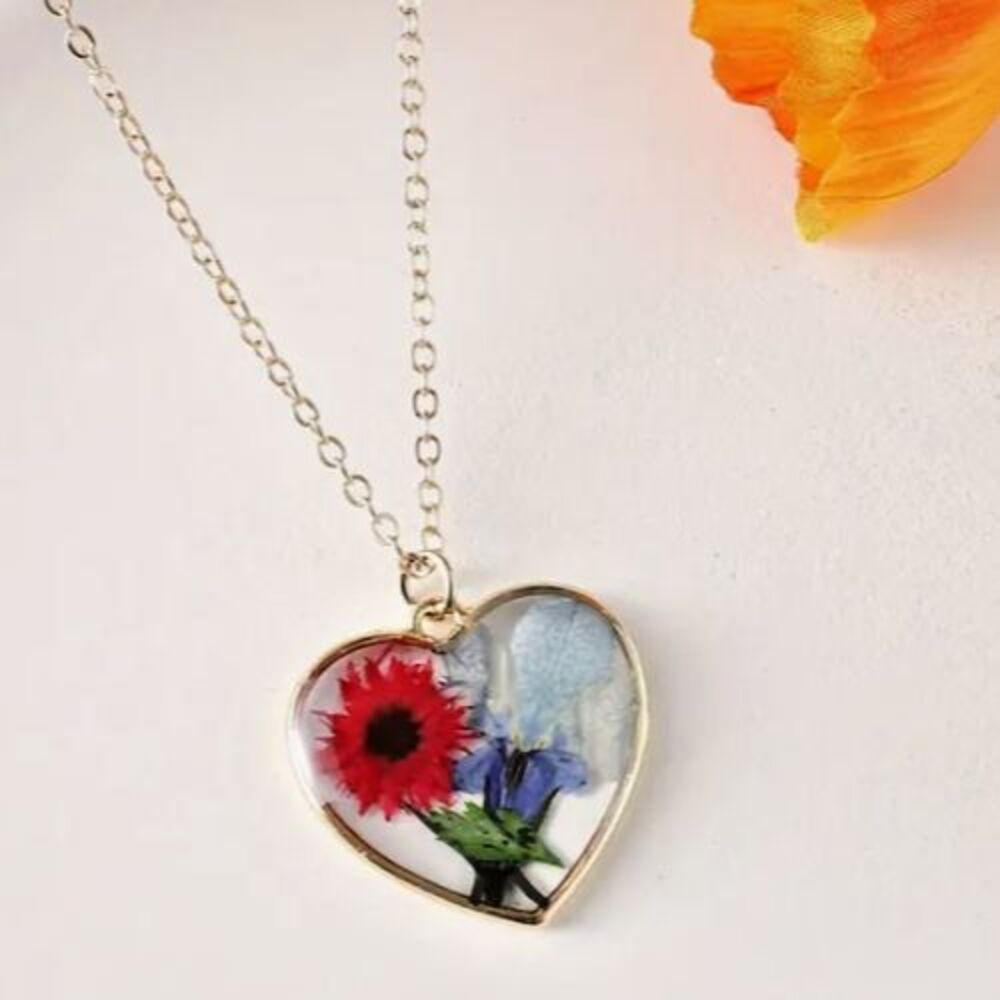 Gold Heart Glass Pressed Small Flowers Red Blue Necklace